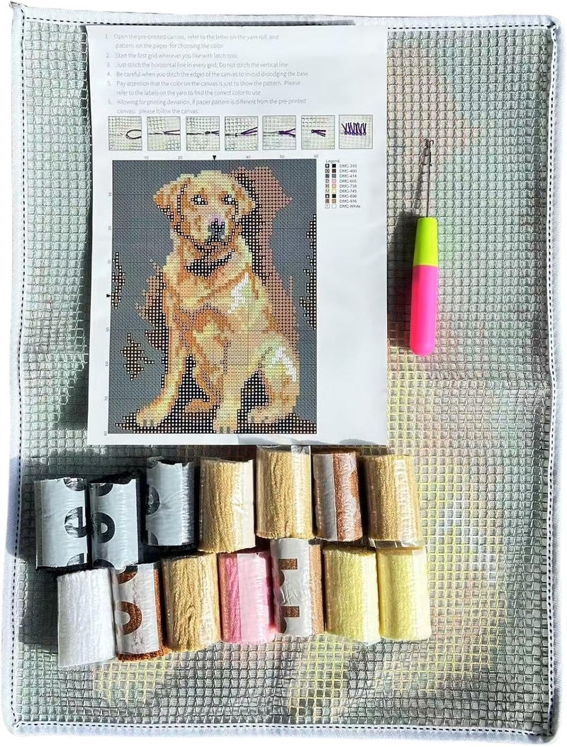 GLAECYY Latch Hook Kits Rug Crochet Yarn Kit Cushion Colour Pre-Printed Canvas Rug Needlework DIY Hook and Latch Kit (Gray Dog) - Image 4